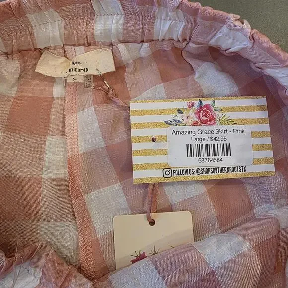 Entro Pink White Gingham Ruffle Skirt SIZE Large NWT Cottage Coastal Grandma - Picture 4 of 7